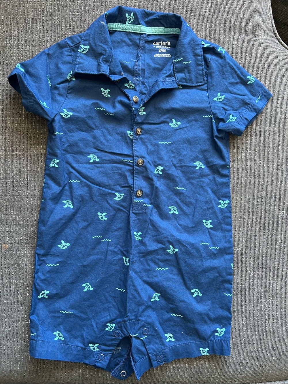 5/$25 Carter's Navy Blue Baby Romper with Aqua Turtle Print 24M